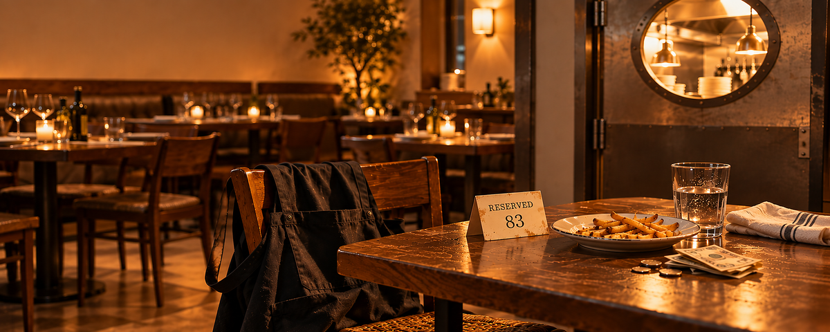 A restaurant table after closing, with a Reserved 83 card, cold fries and the night's tips, next to the kitchen door