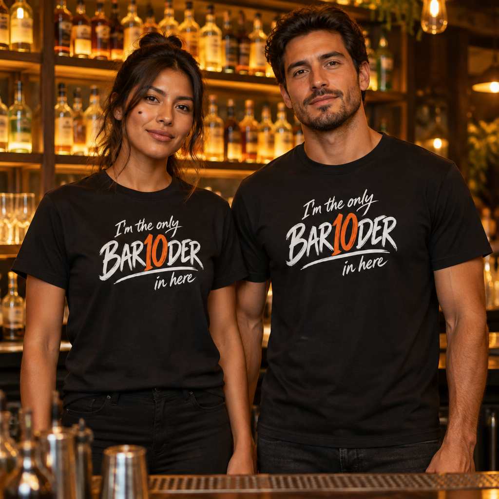 I'm the Only Bar10der tee worn by two bartenders behind a cocktail bar
