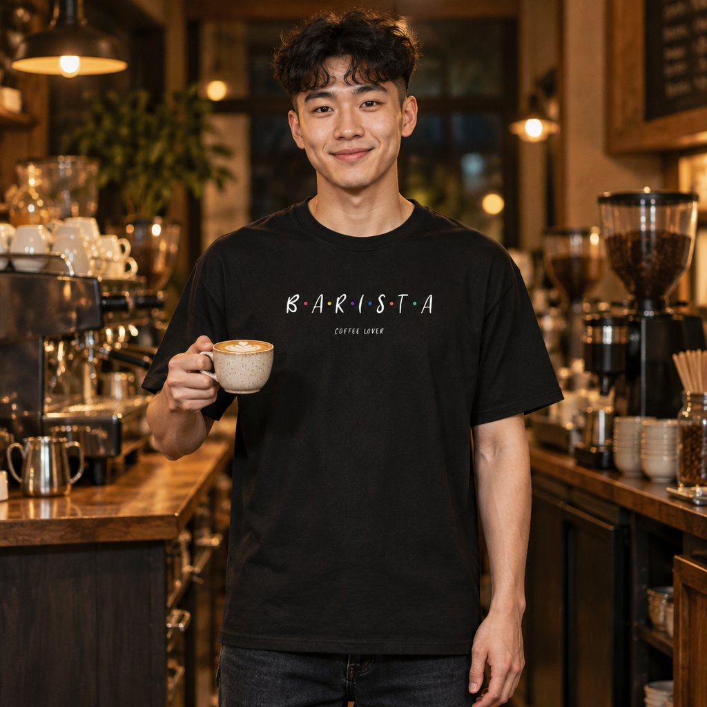 Barista Coffee Lover tee worn by a barista in a coffee bar