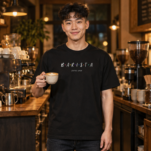 Barista Coffee Lover tee worn by a barista in a coffee bar