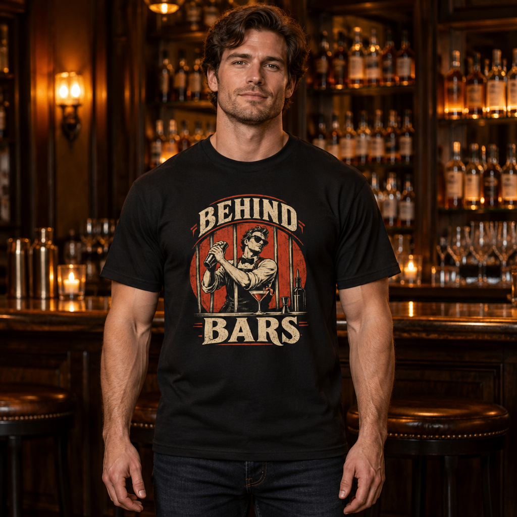 Behind Bars tee worn by a bartender behind a cocktail bar