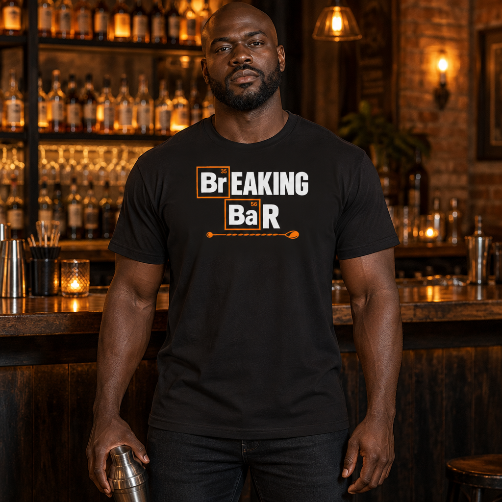 Breaking Bar tee worn by a bartender behind a cocktail bar