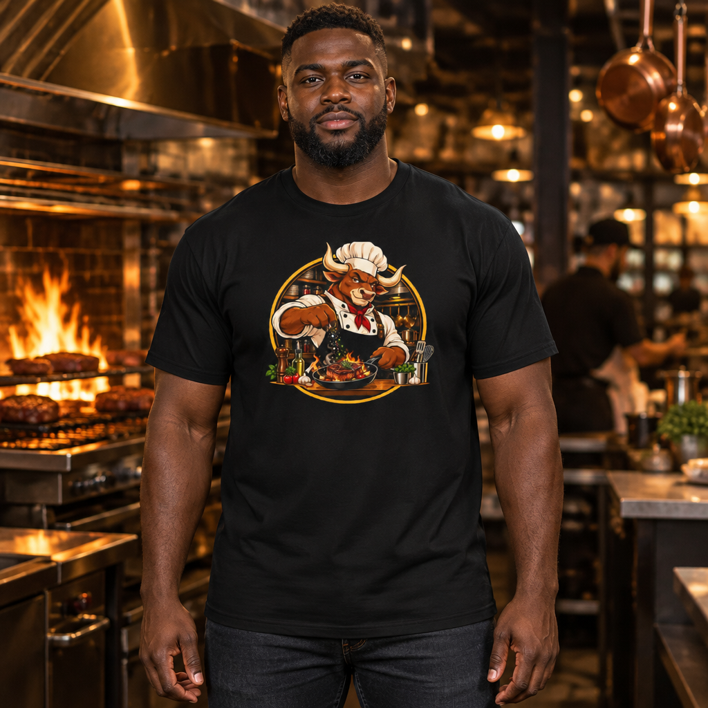 Bull in the Kitchen tee worn by a chef in a steakhouse kitchen