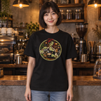 Dead on My Feet Barista (Her) tee worn by a barista in a coffee bar