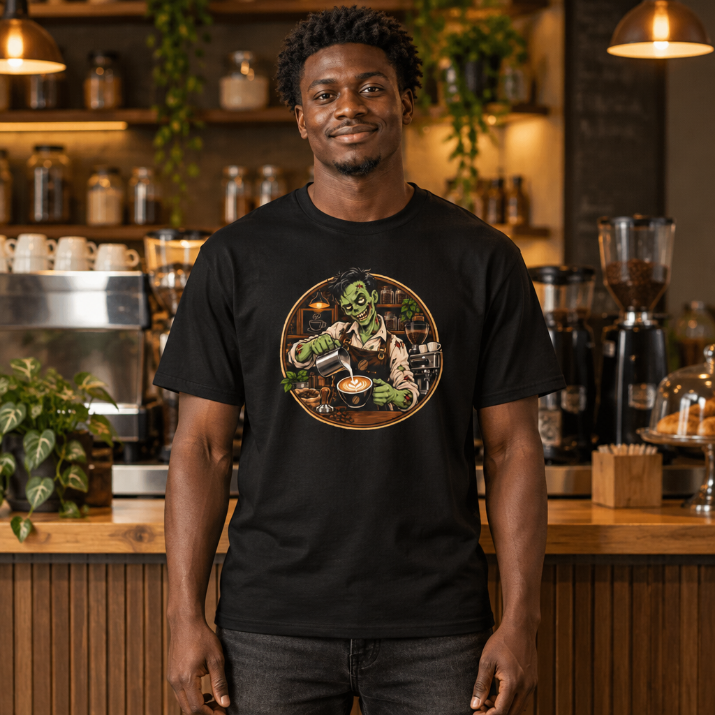 Dead on My Feet Barista tee worn by a barista in a coffee bar