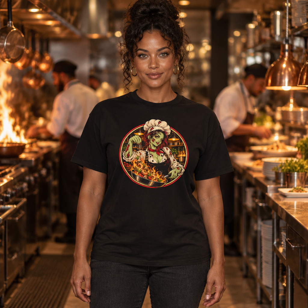 Dead on My Feet Chef (Her) tee worn by a chef in a restaurant kitchen