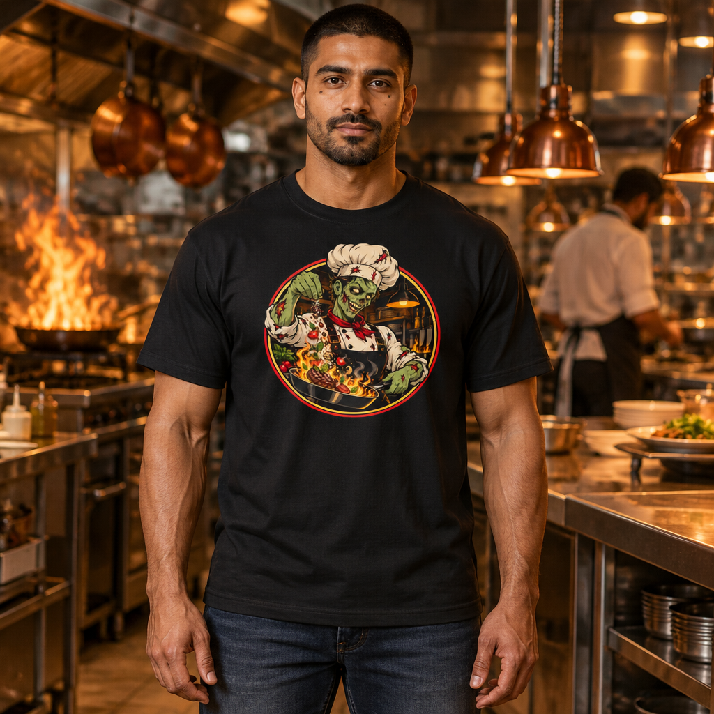 Dead on My Feet Chef tee worn by a chef in a restaurant kitchen