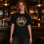 Dead on My Feet (Her) tee worn by a bartender behind a cocktail bar
