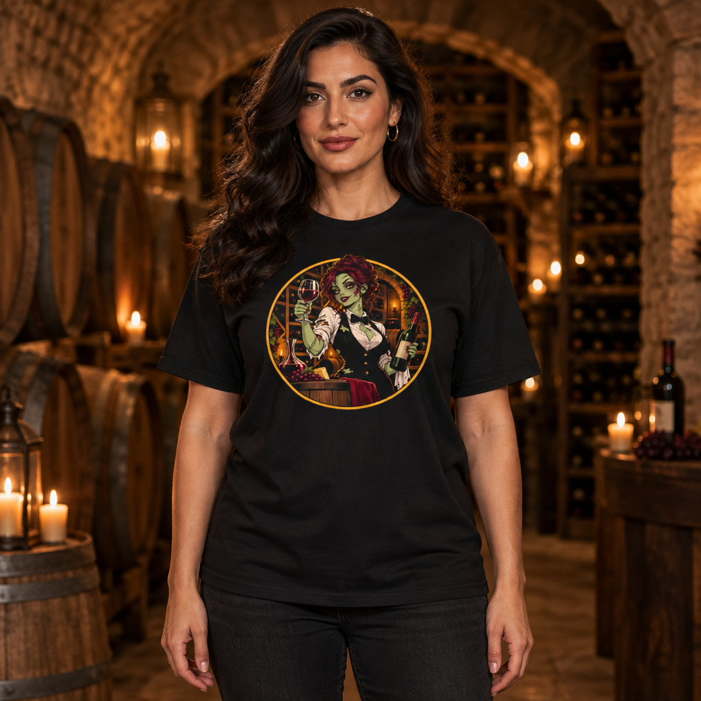 Dead on My Feet Sommelier (Her) tee worn by a sommelier in a wine cellar