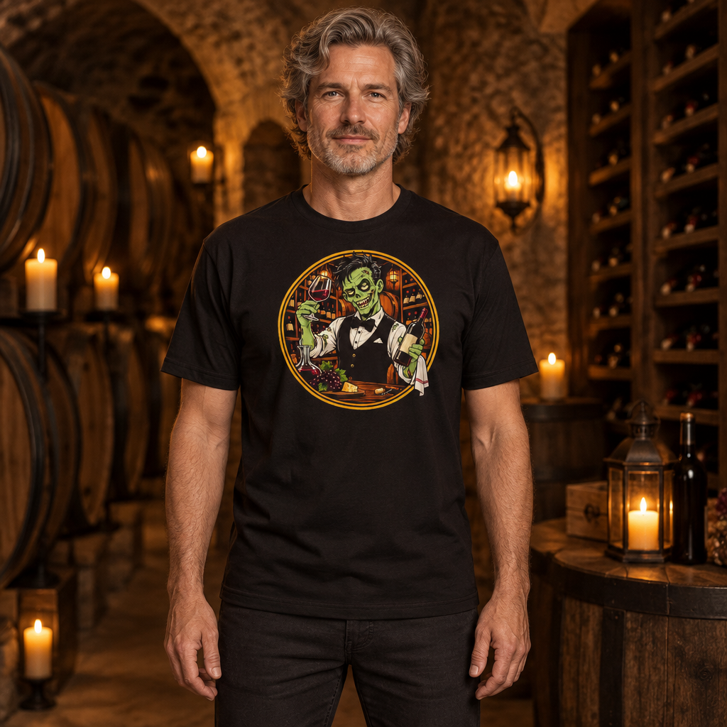 Dead on My Feet Sommelier tee worn by a sommelier in a wine cellar