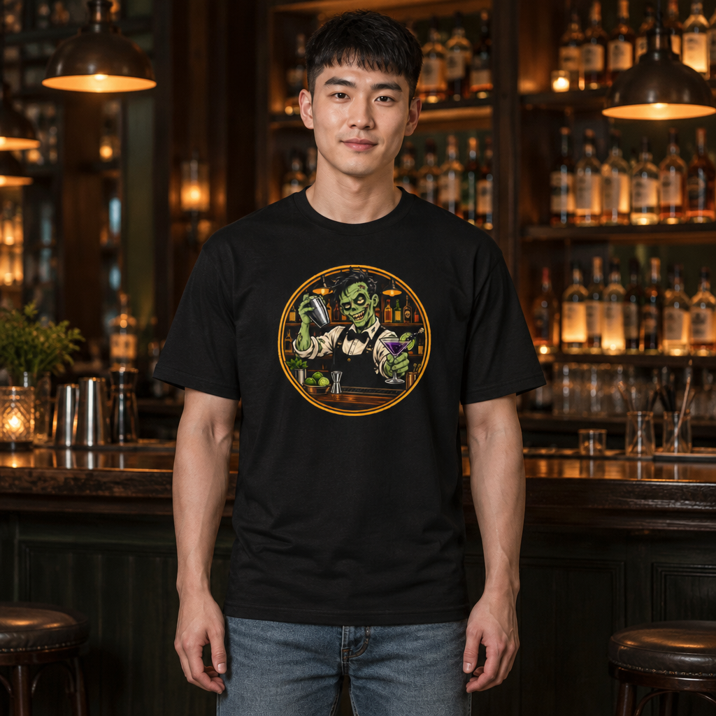 Dead on My Feet tee worn by a bartender behind a cocktail bar