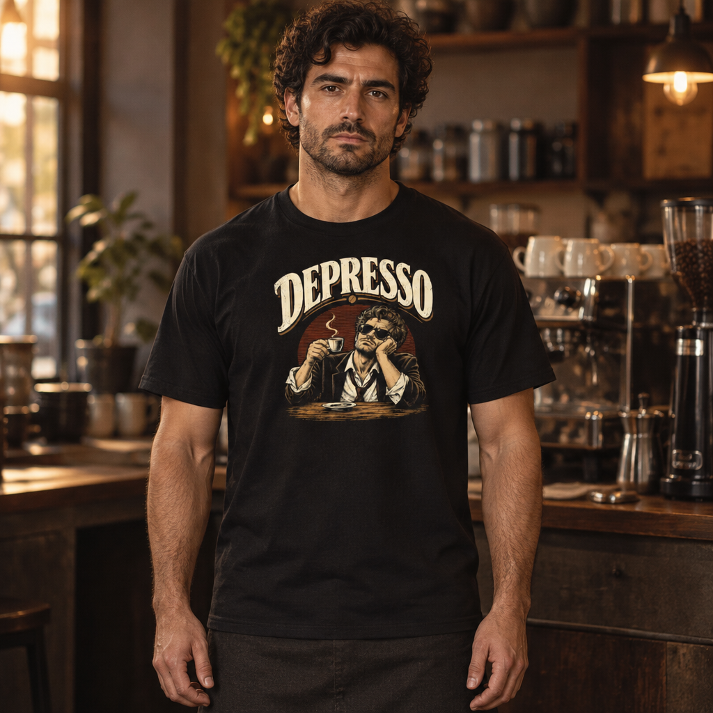 Depresso tee worn by a barista in a coffee bar