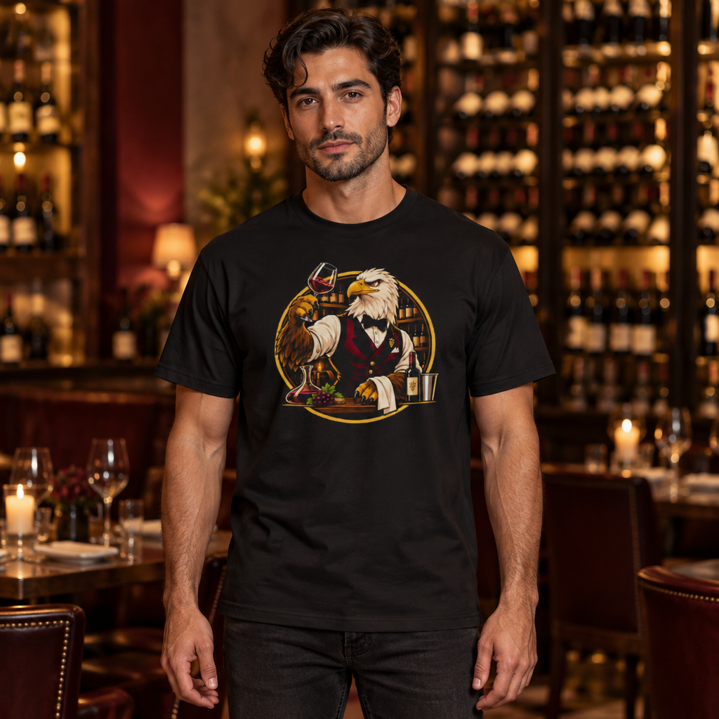 Eagle Eye for Wine tee worn by a sommelier in a fine dining restaurant