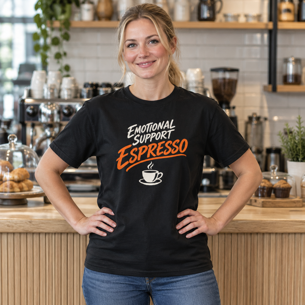 Emotional Support Espresso tee worn by a barista in a café