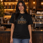 Fifty Shades of Espresso tee worn by a barista in an espresso bar