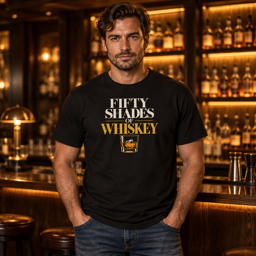 Fifty Shades of Whiskey tee worn by a bartender in a whiskey bar