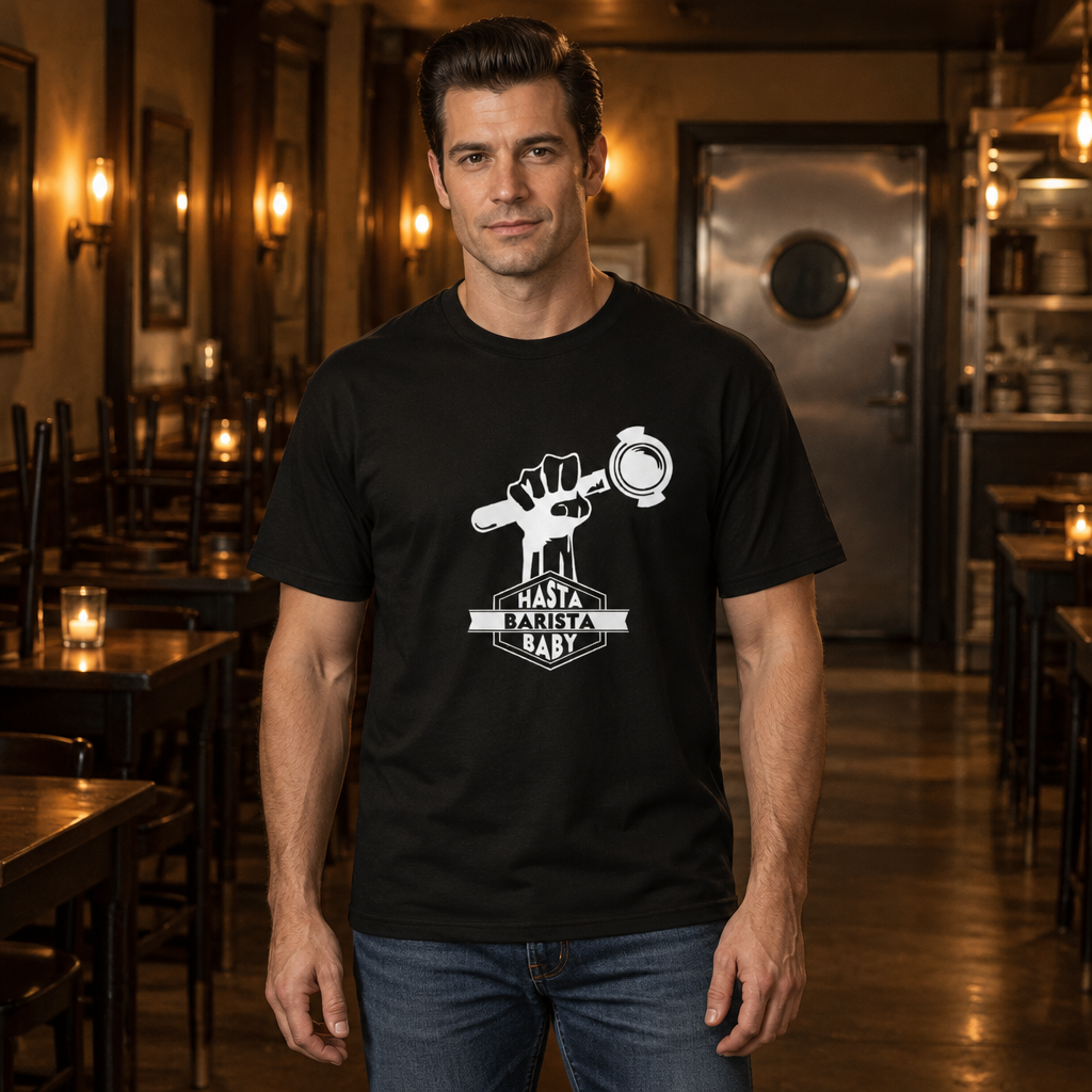 Hasta Barista, Baby tee worn by a barista in a café