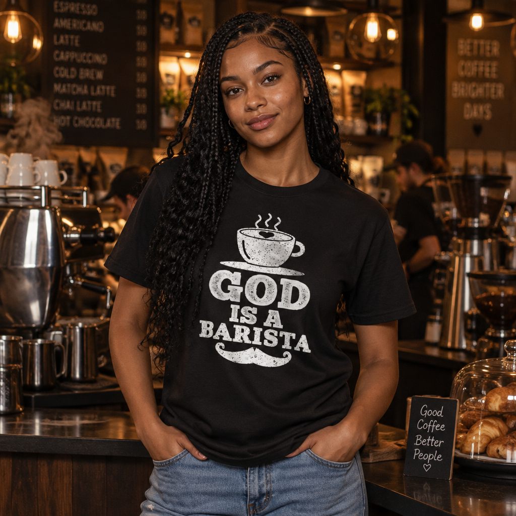 God is a Barista tee worn by a barista in a café