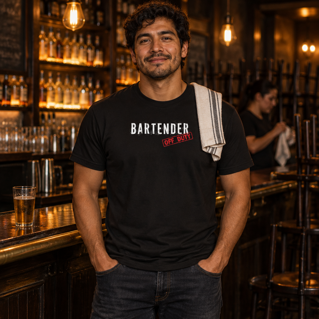 Bartender Off Duty tee worn by a bartender in a bar