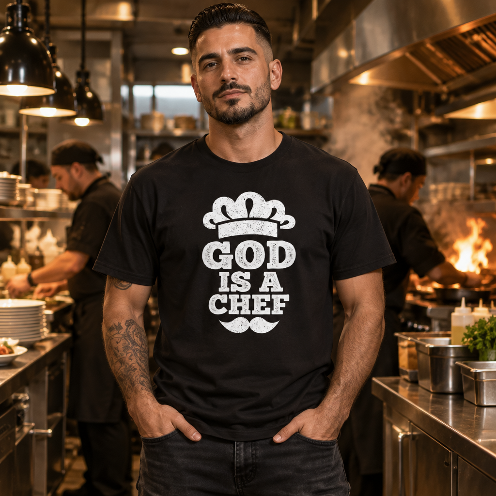 God is a Chef tee worn by a chef in a restaurant kitchen