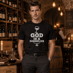 God is a Sommelier tee worn by a sommelier in a wine cellar