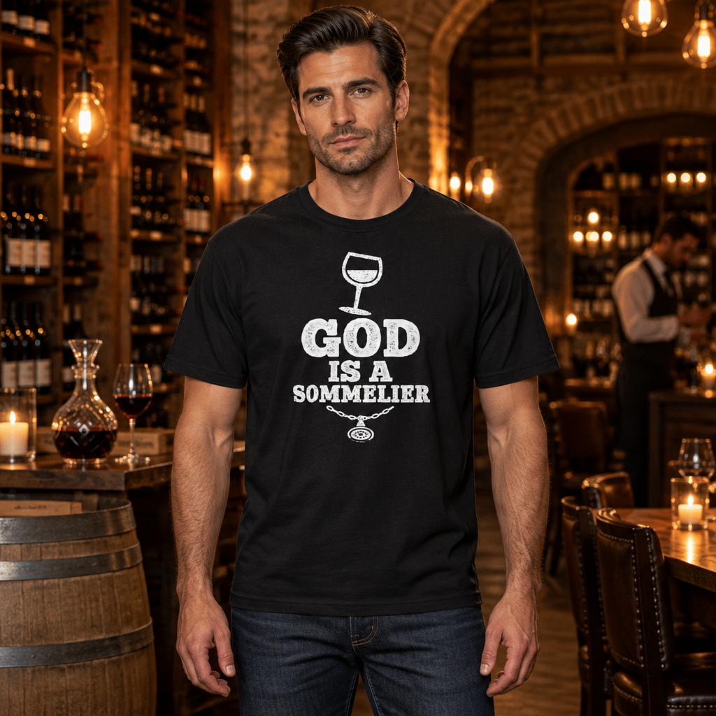 God is a Sommelier tee worn by a sommelier in a wine cellar