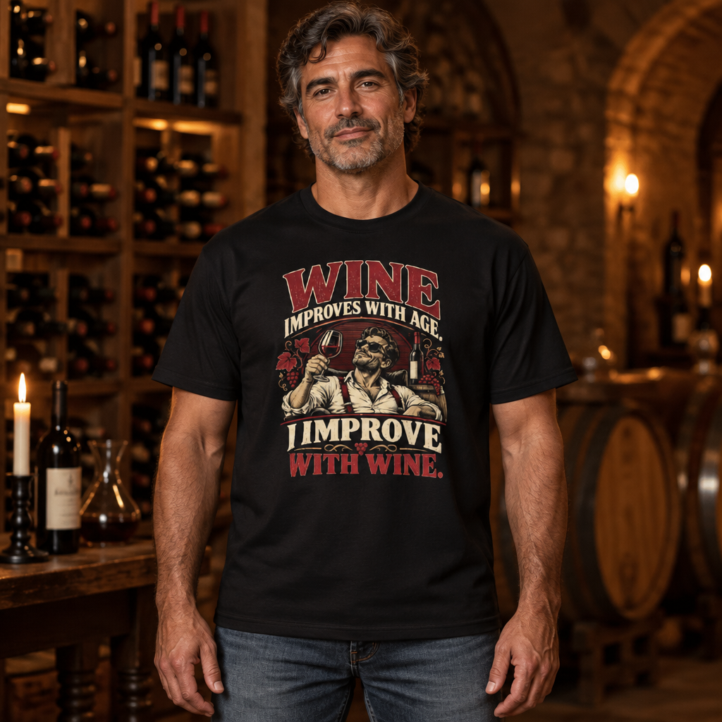 I Improve with Wine tee worn by a sommelier in a wine cellar