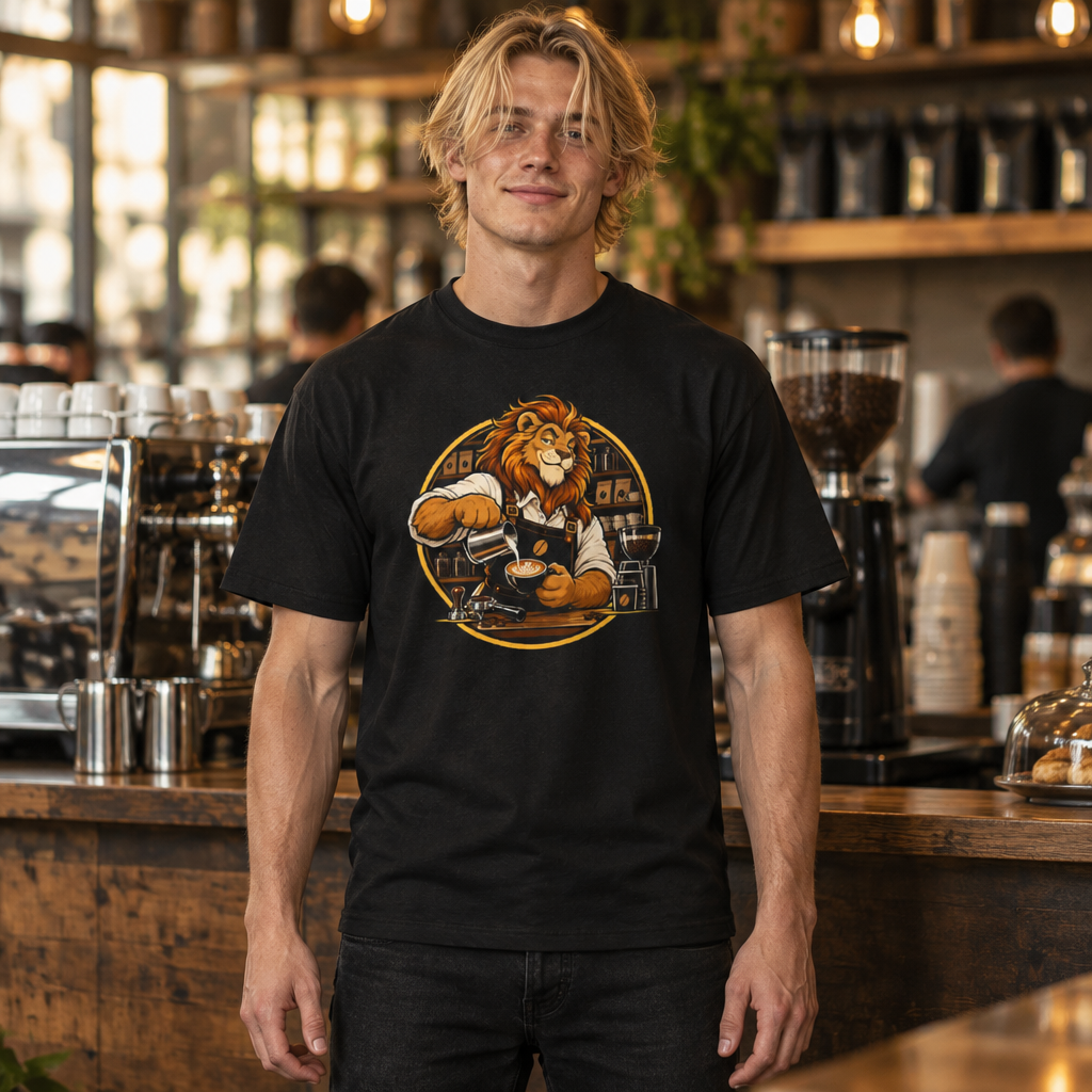 King of the Grind tee worn by a barista in a coffee shop