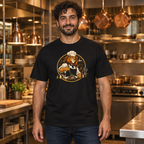 King of the Kitchen tee worn by a chef in a restaurant kitchen