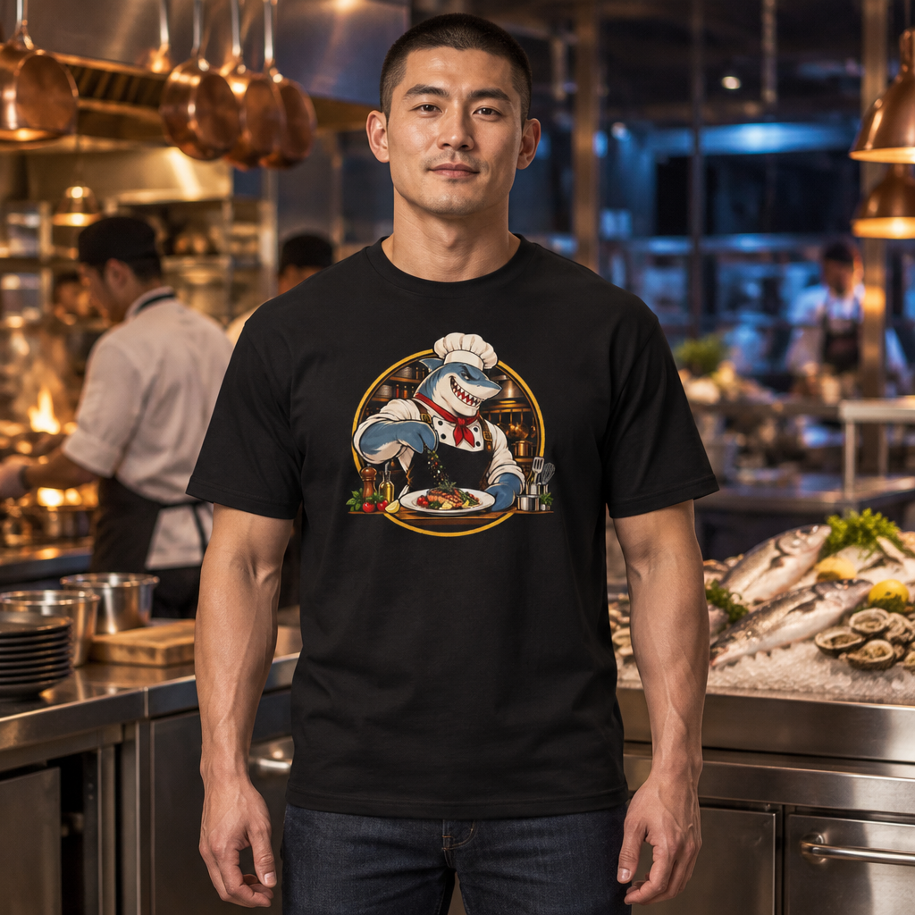 Kitchen Shark tee worn by a chef in a seafood restaurant kitchen