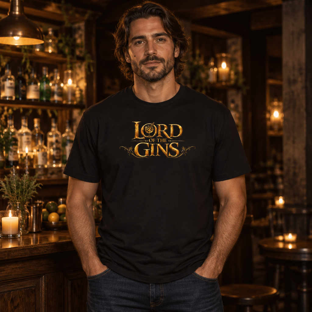 Lord of the Gins tee worn by a bartender in a bar
