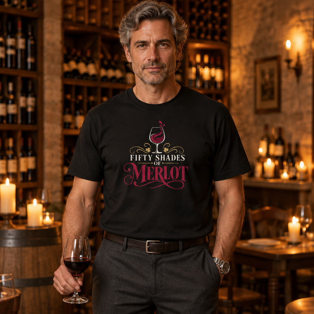 Fifty Shades of Merlot tee worn by a sommelier in a wine bar