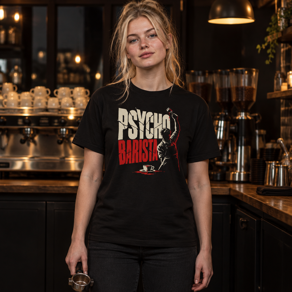 Psycho Barista tee worn by a barista in a café
