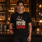 Psycho Bartender tee worn by a bartender behind a cocktail bar