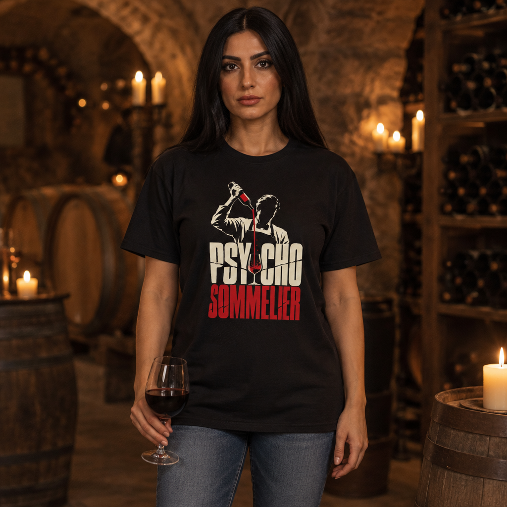 Psycho Sommelier tee worn by a sommelier in a wine cellar