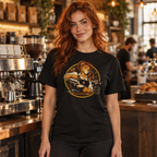 Queen of the Grind tee worn by a barista in a coffee shop