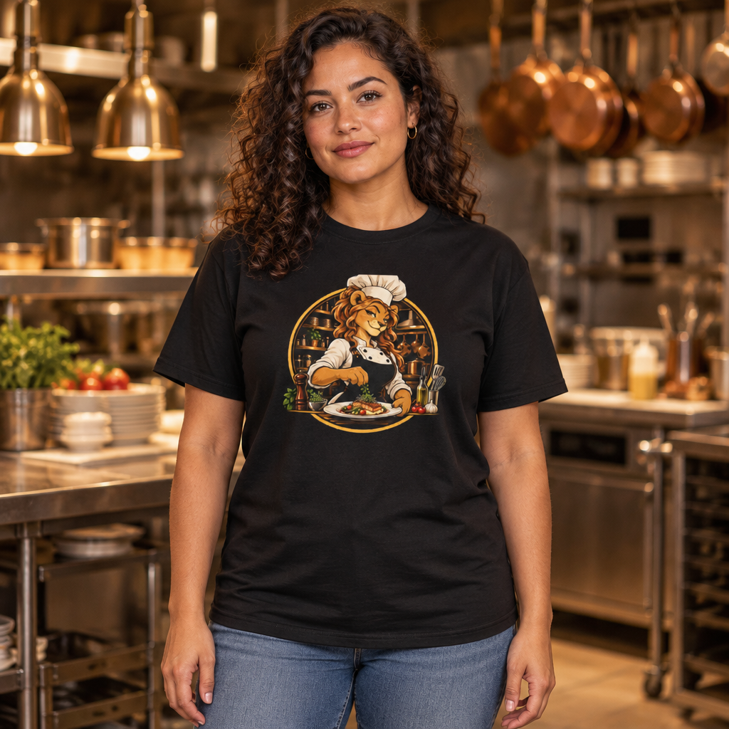 Queen of the Kitchen tee worn by a chef in a restaurant kitchen