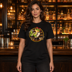 Shaken, Not Croaked (Her) tee worn by a bartender in a cocktail bar