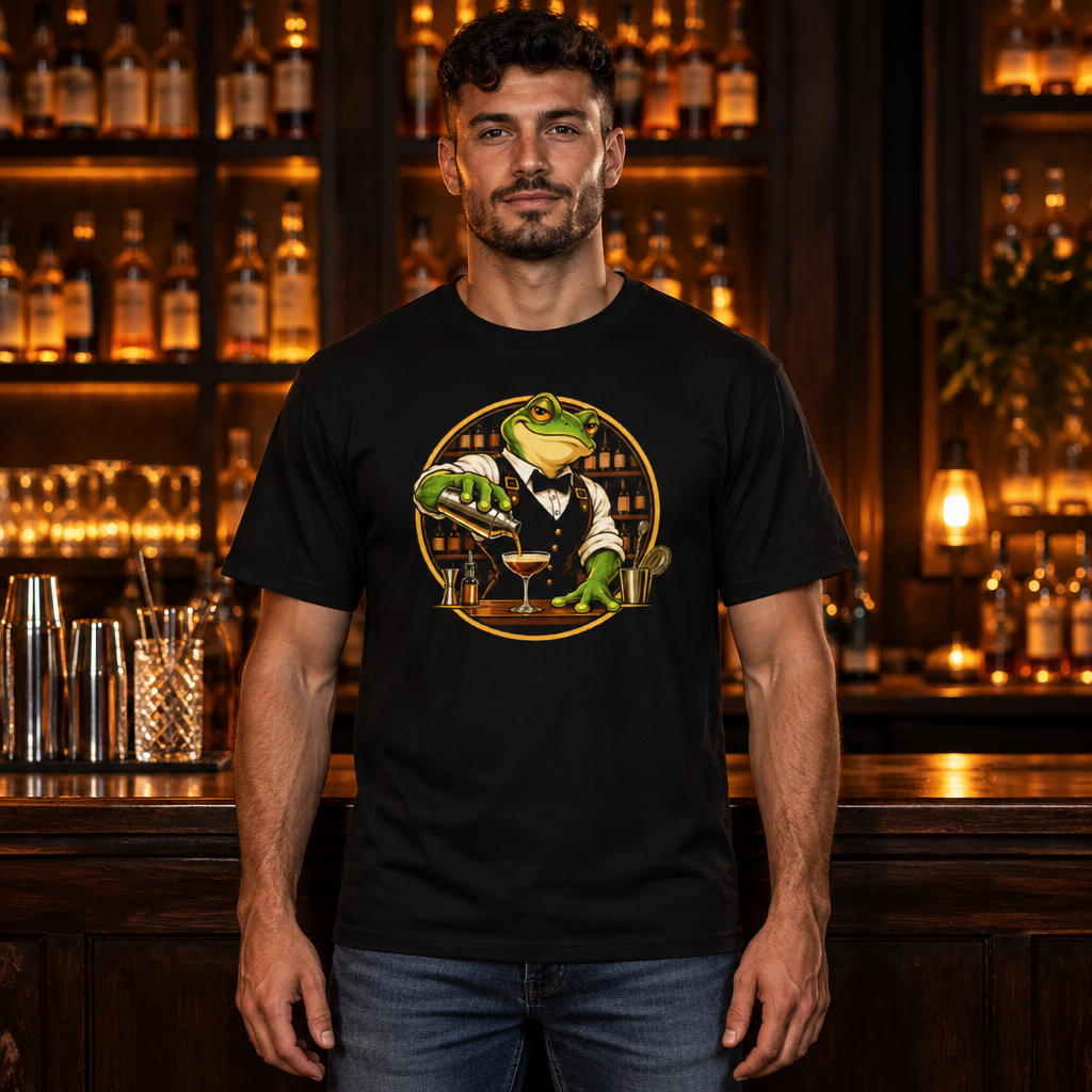 Shaken, Not Croaked tee worn by a bartender in a cocktail bar