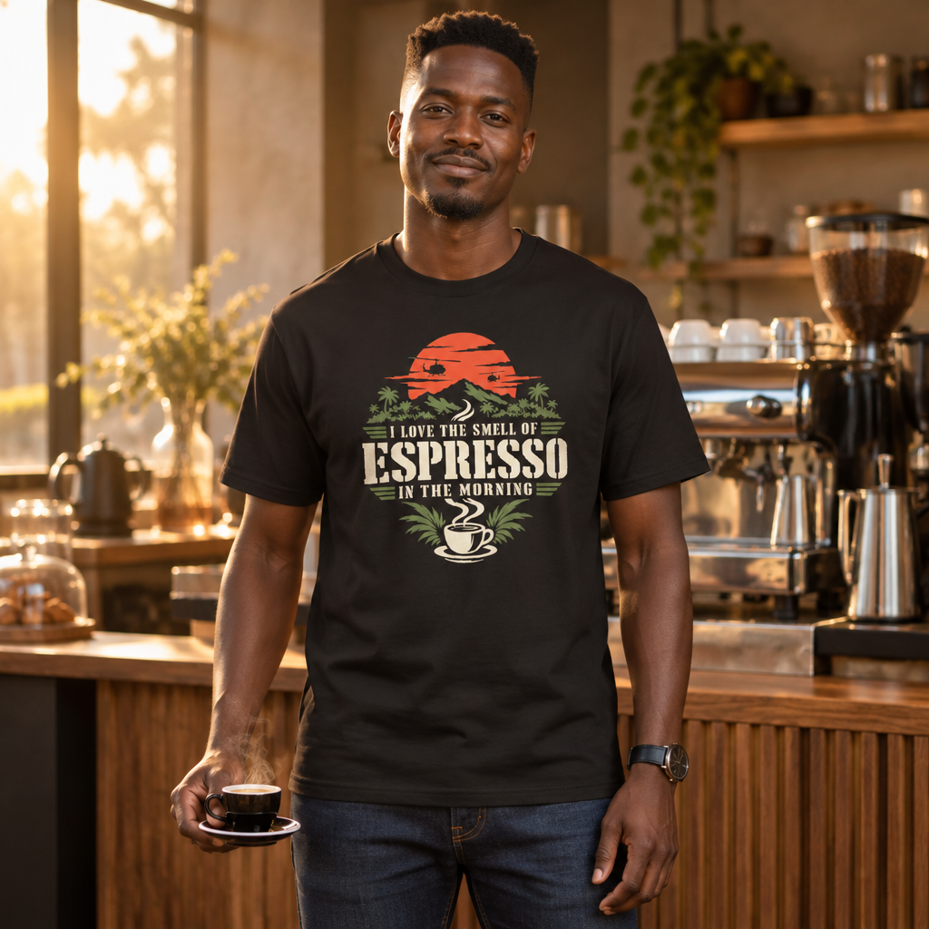 I Love the Smell of Espresso tee worn by a barista in a café