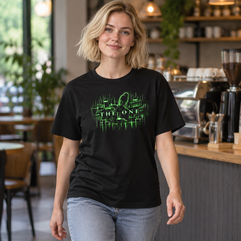 The One Barista (Her) tee worn by a barista in a café