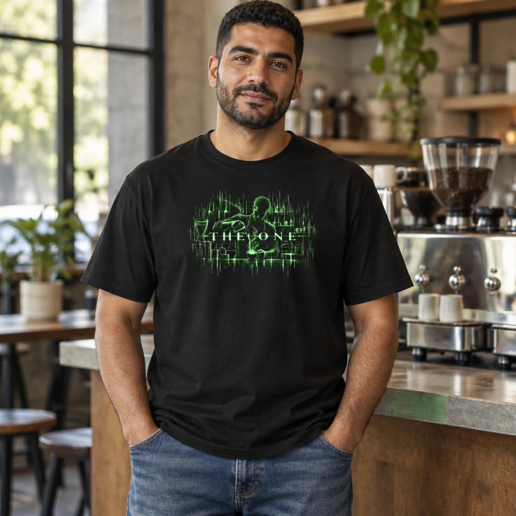 The One Barista tee worn by a barista in a café