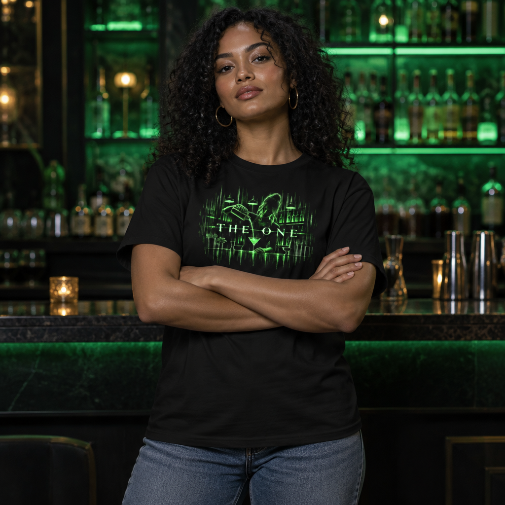 The One Bartender (Her) tee worn by a bartender in a bar