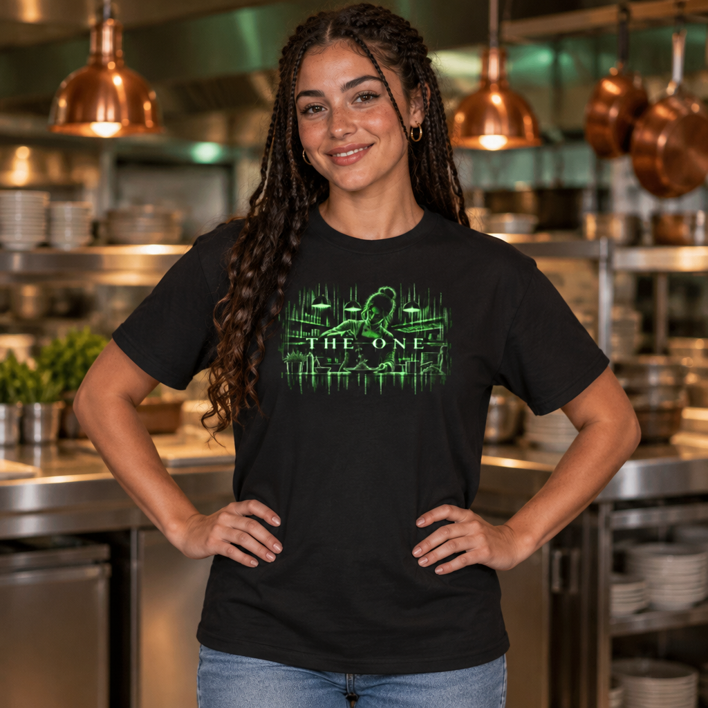 The One Chef (Her) tee worn by a chef in a restaurant kitchen