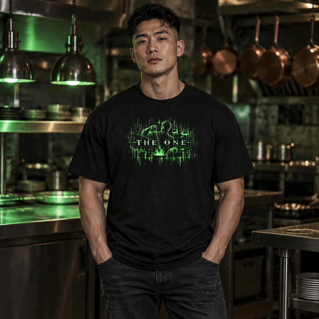 The One Chef tee worn by a chef in a restaurant kitchen