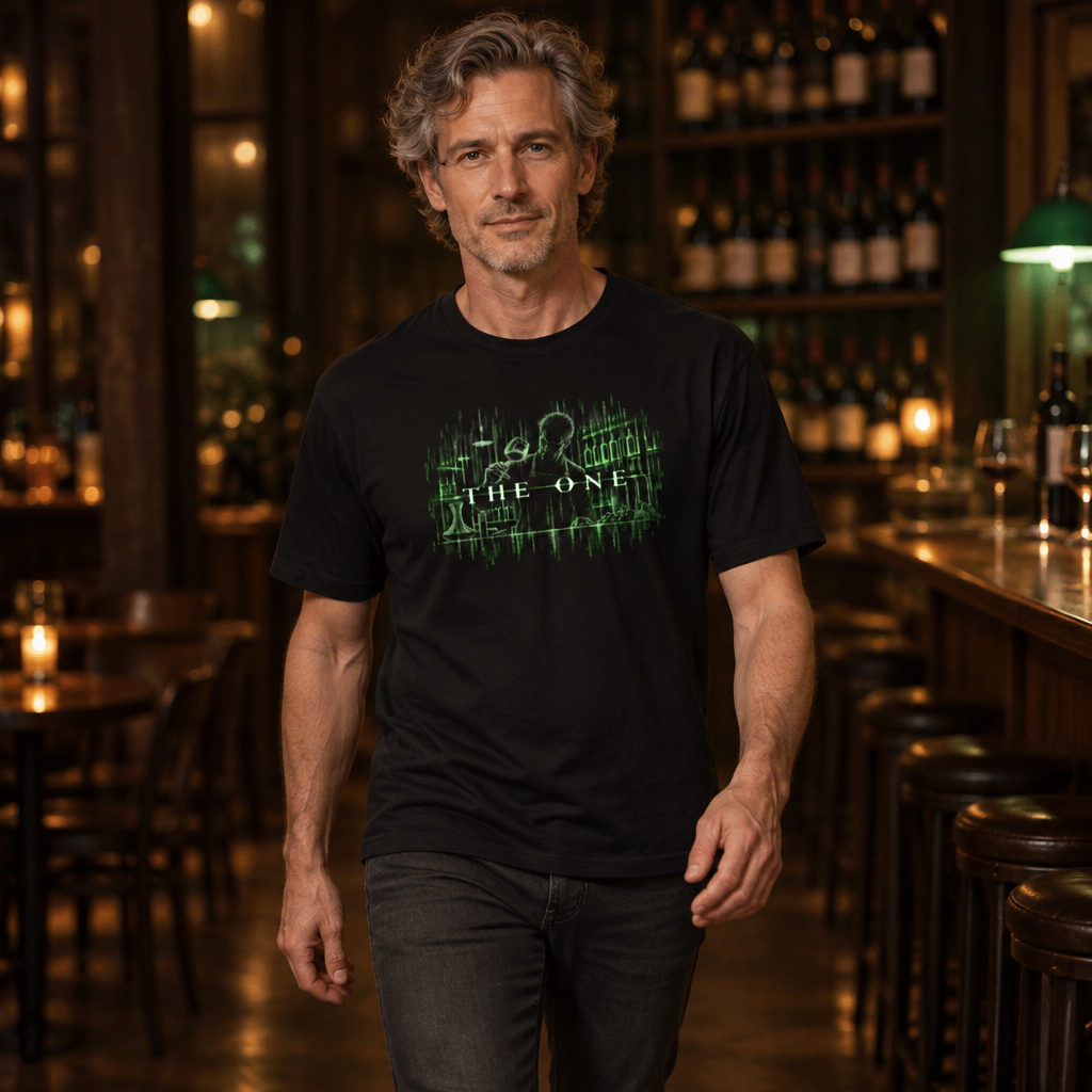The One Sommelier (Him) tee worn by a sommelier in a wine bar