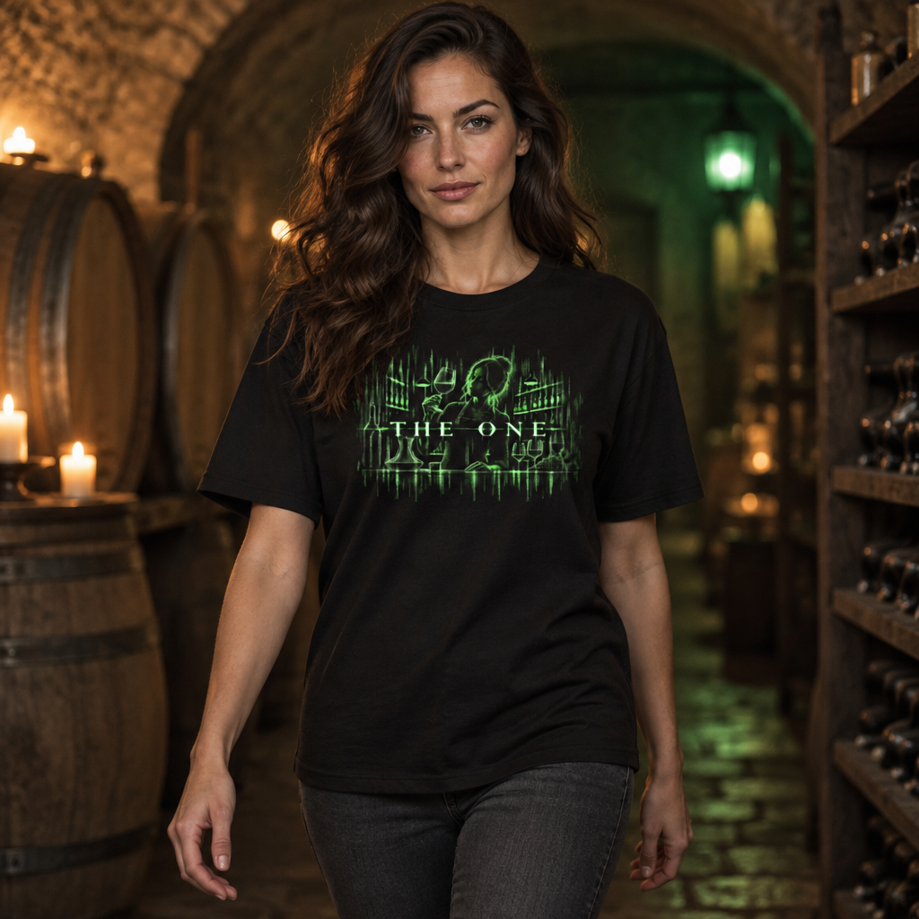 The One Sommelier tee worn by a sommelier in a wine cellar
