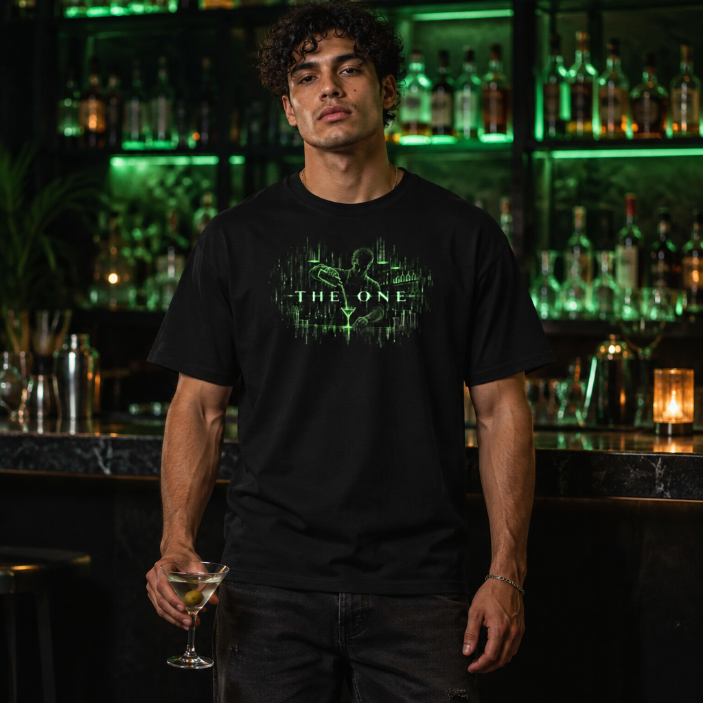 The One tee worn by a bartender in a bar