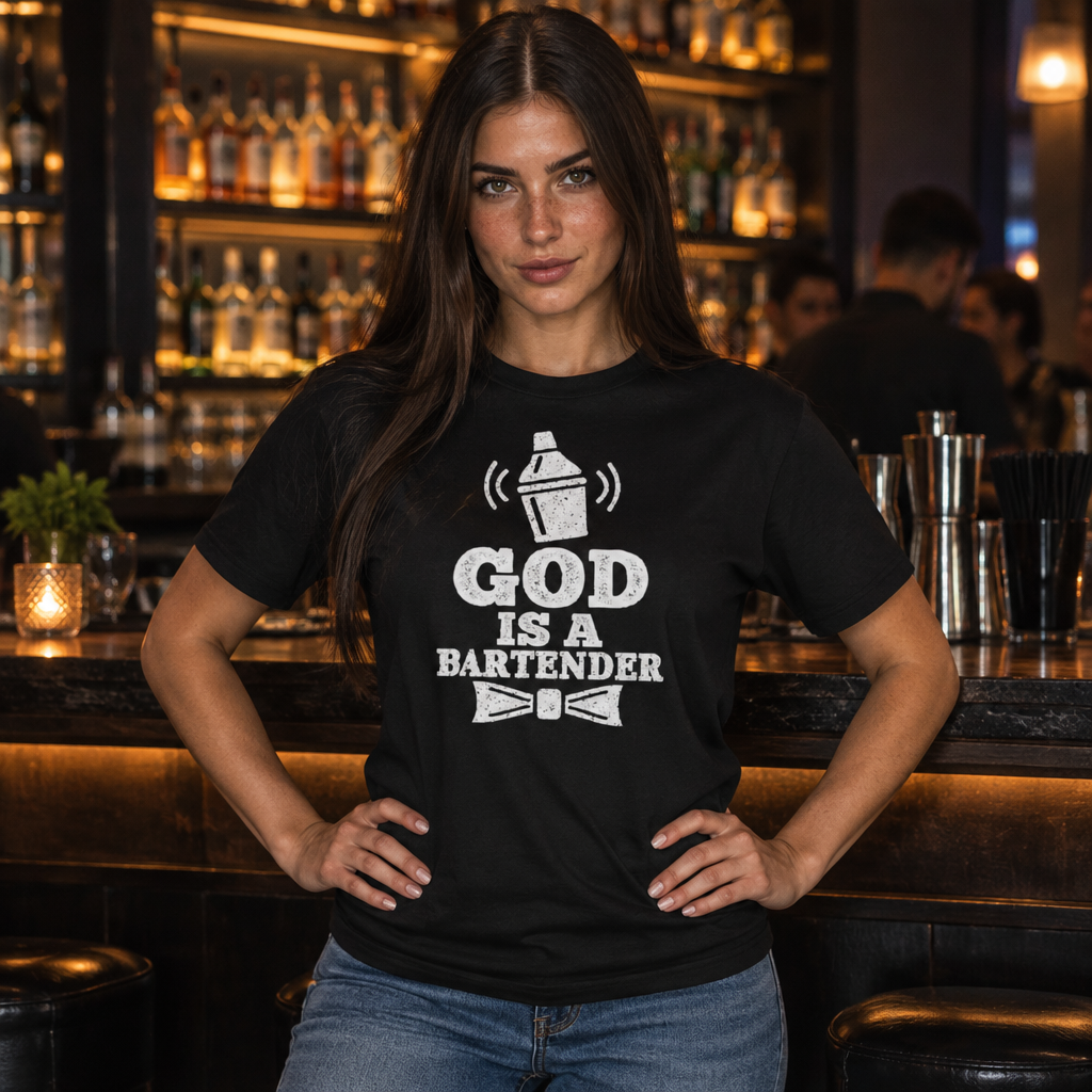 God is a Bartender tee worn by a bartender behind a cocktail bar