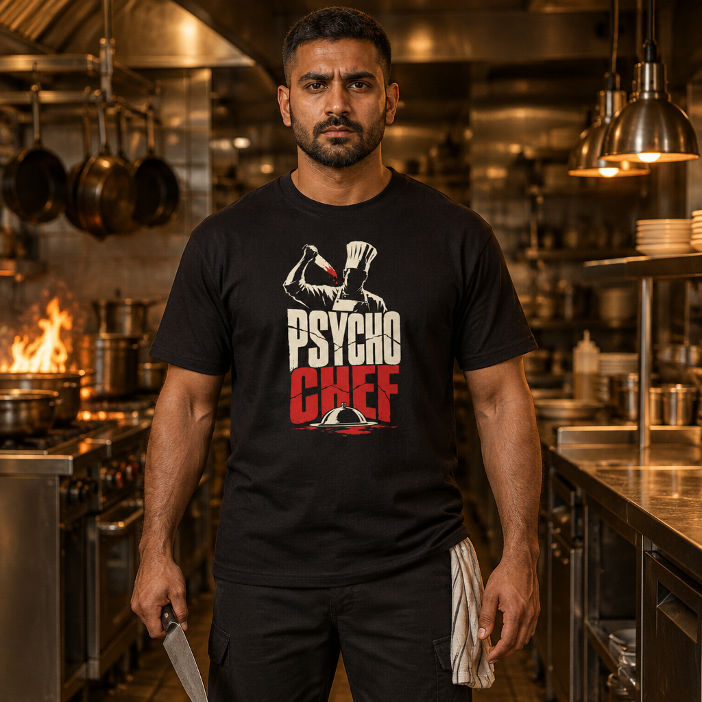 Psycho Chef tee worn by a chef in a restaurant kitchen